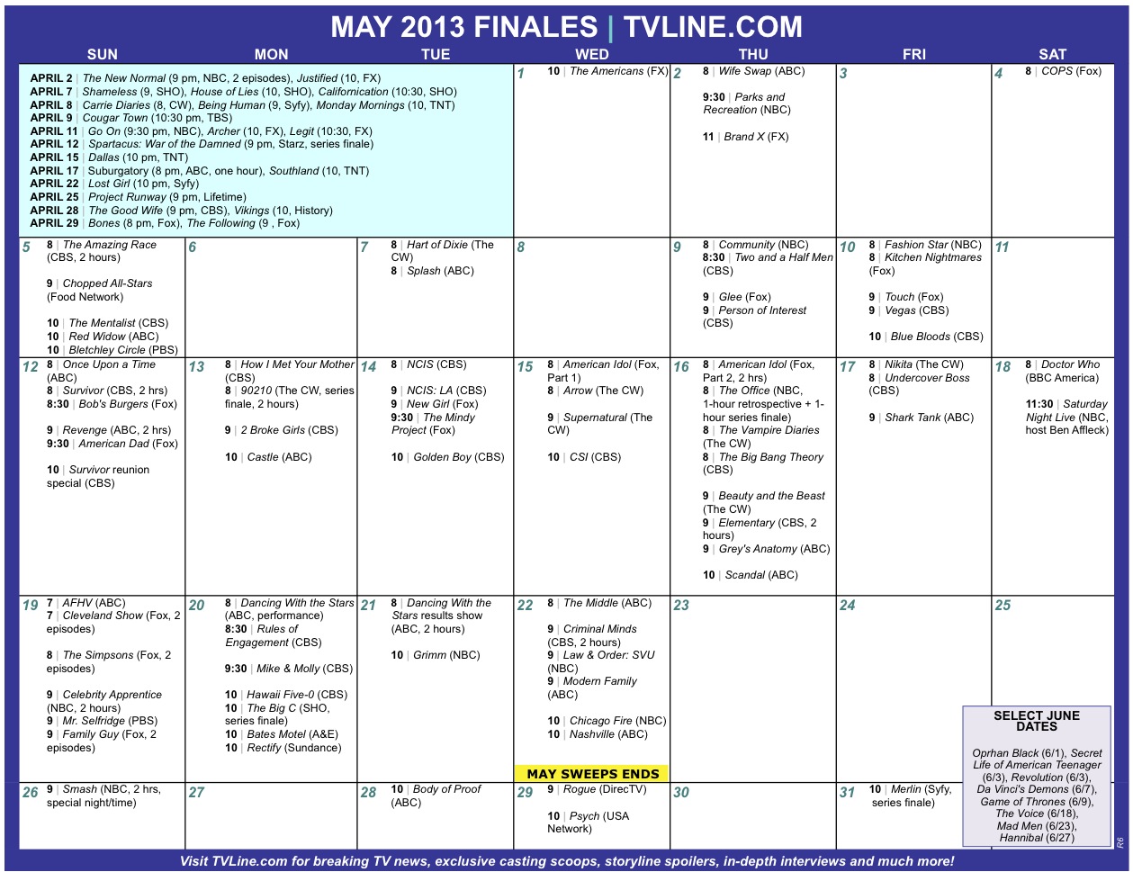 TVLine May Finale Calendar 2013